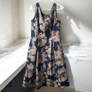 Adrianna Papell Blue and Gold Sleeveless V-Neck Midi Dress